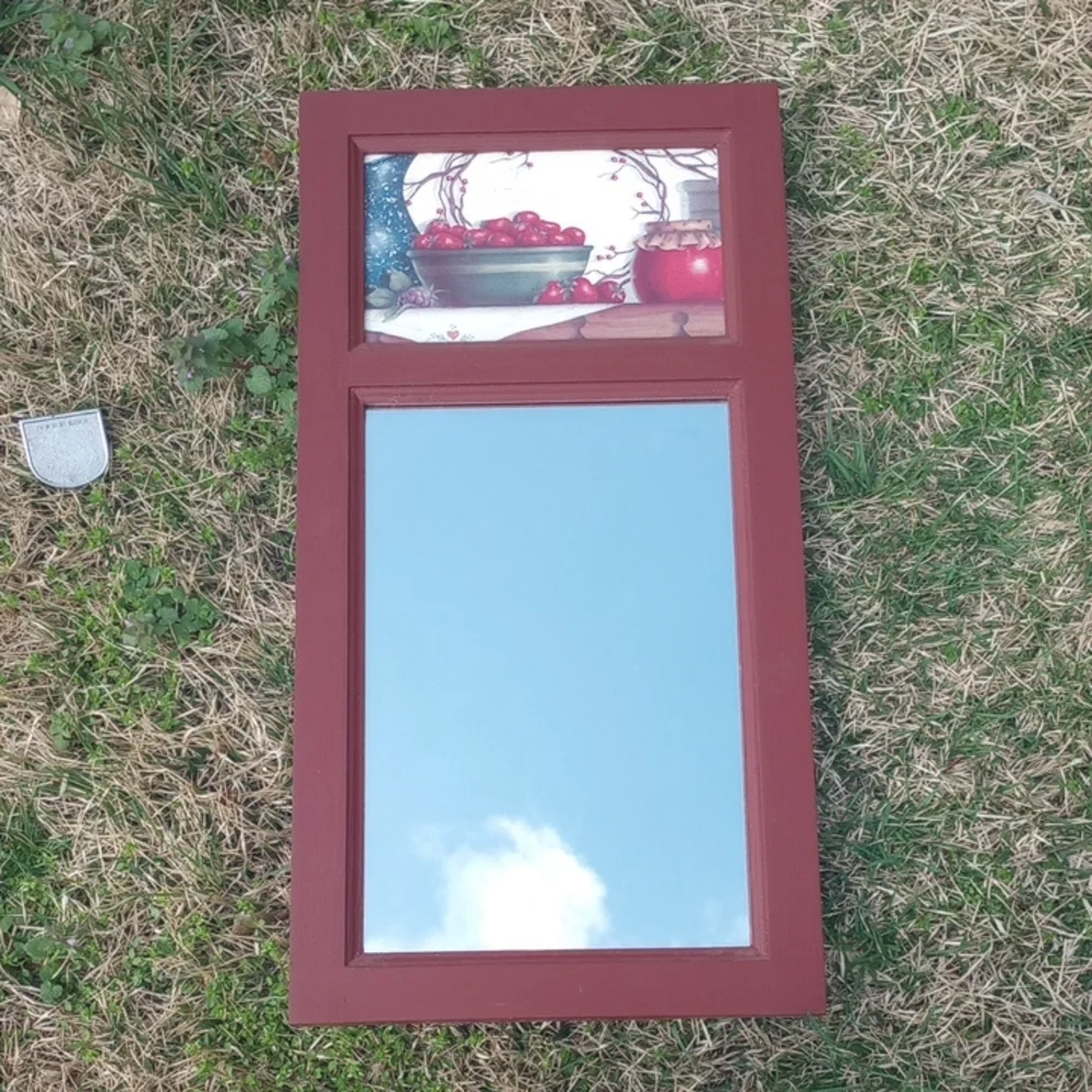 Wooden Wall Mirror w/ Strawberry Design. Red Green White Brown Tan Blue